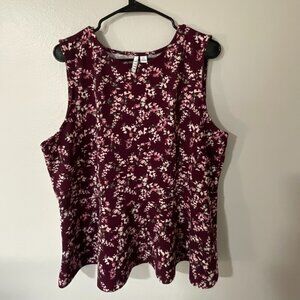 ELLE Woman's Burgundy / Floral Sleeveless Blouse Flare Waist Business Casual XXL